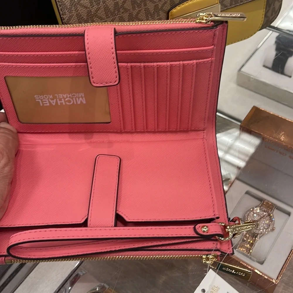 MICHAEL KORS LARGE DOUBLE ZIP WRISTLET WALLET PHONE CASE CLUTCH Tea Rose NWT